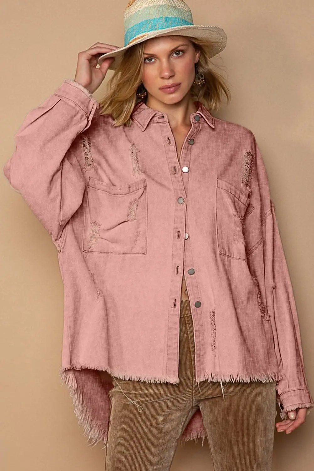 POL Button Down Raw Hem Distressed Shacket - Love Salve